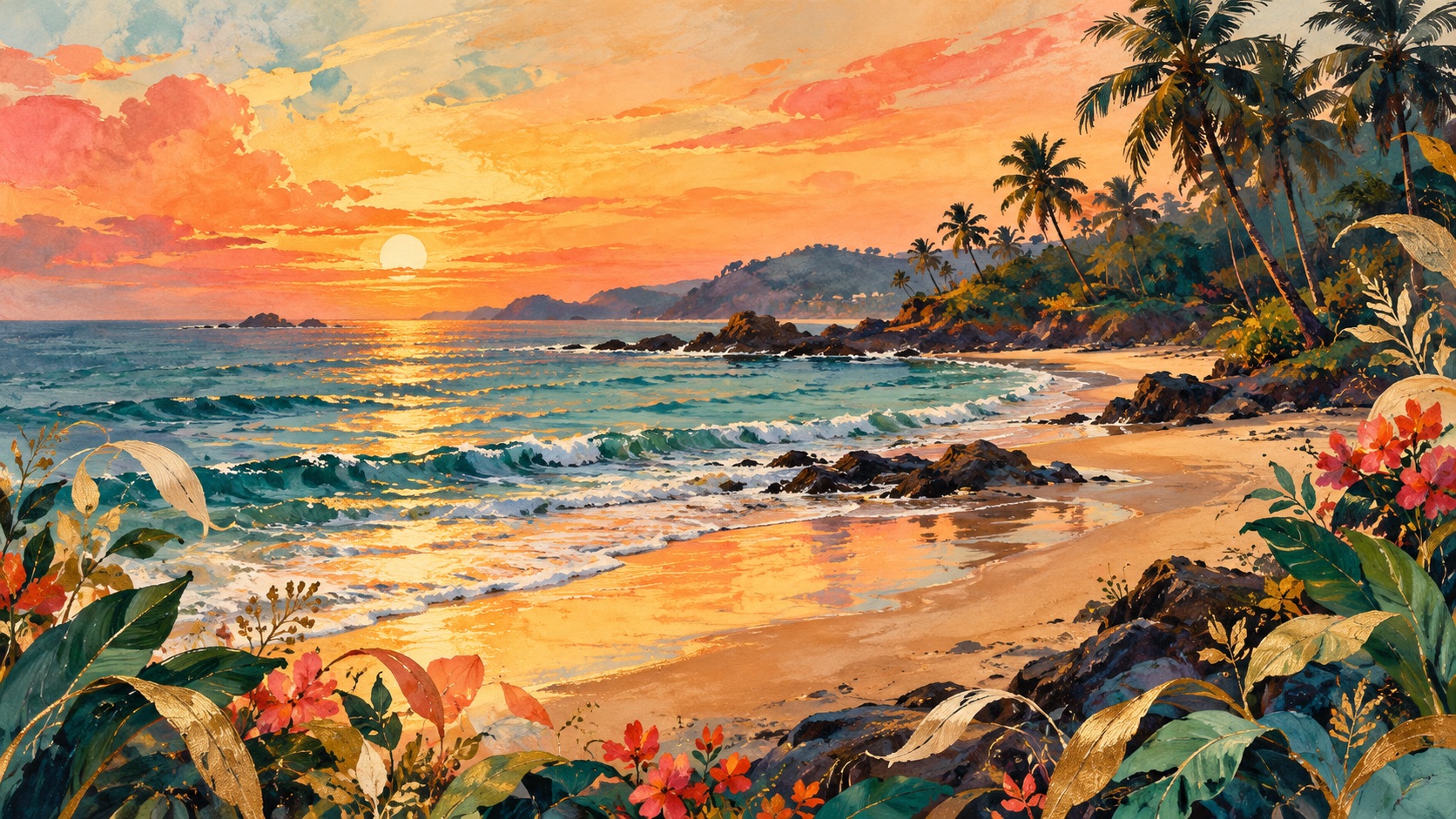 New illustrative artwork of a Goa beach at sunset, not a retreat photograph